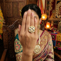 Js Fashion Heritage High Gold Kundan Stone And Meenakari Ring