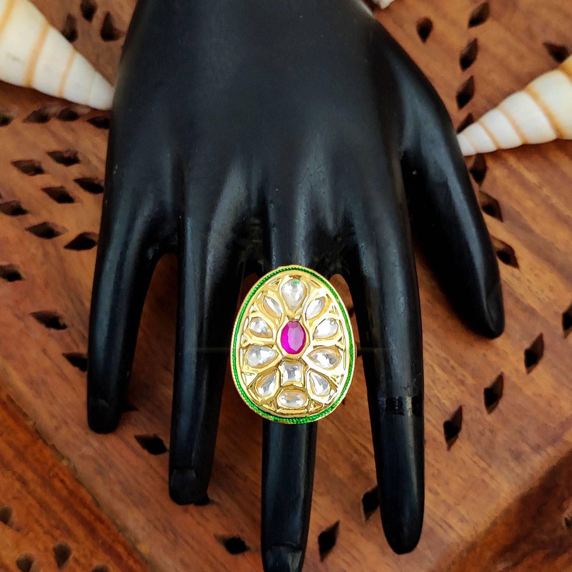 Js Fashion Heritage High Gold Kundan Stone And Meenakari Ring