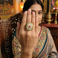 Js Fashion Heritage High Gold Kundan Stone And Meenakari Ring