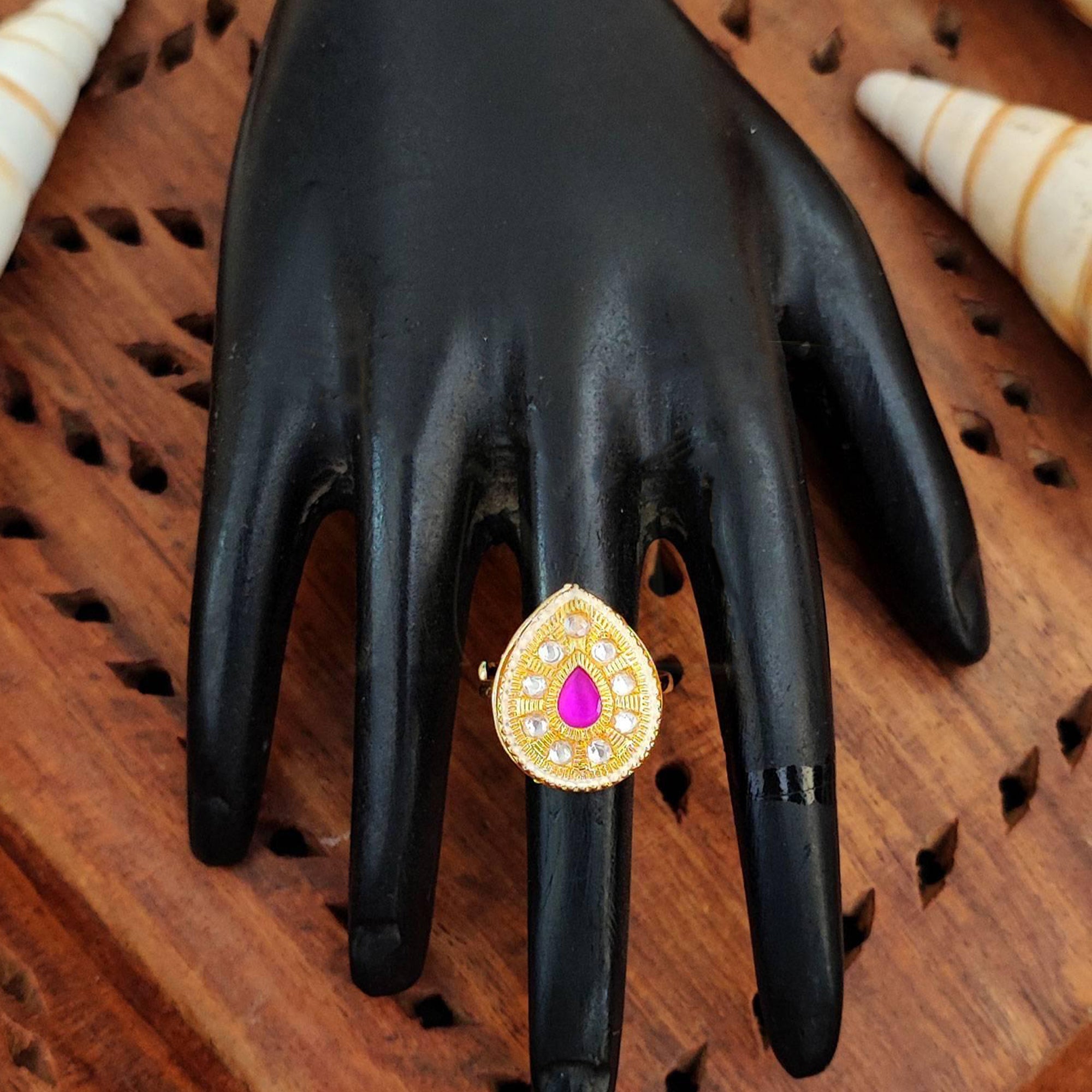 Js Fashion Heritage High Gold Kundan Stone And Meenakari Ring