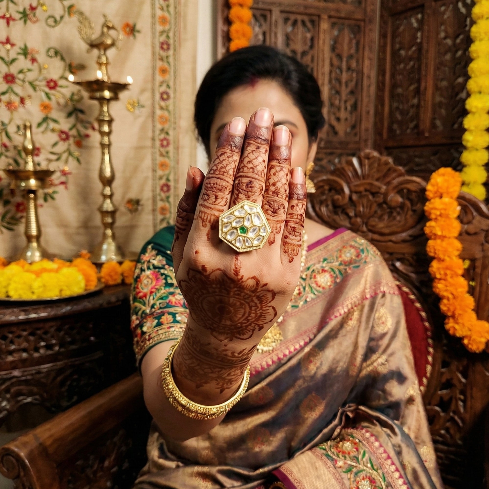 Js Fashion Heritage High Gold Kundan Stone And Meenakari Ring