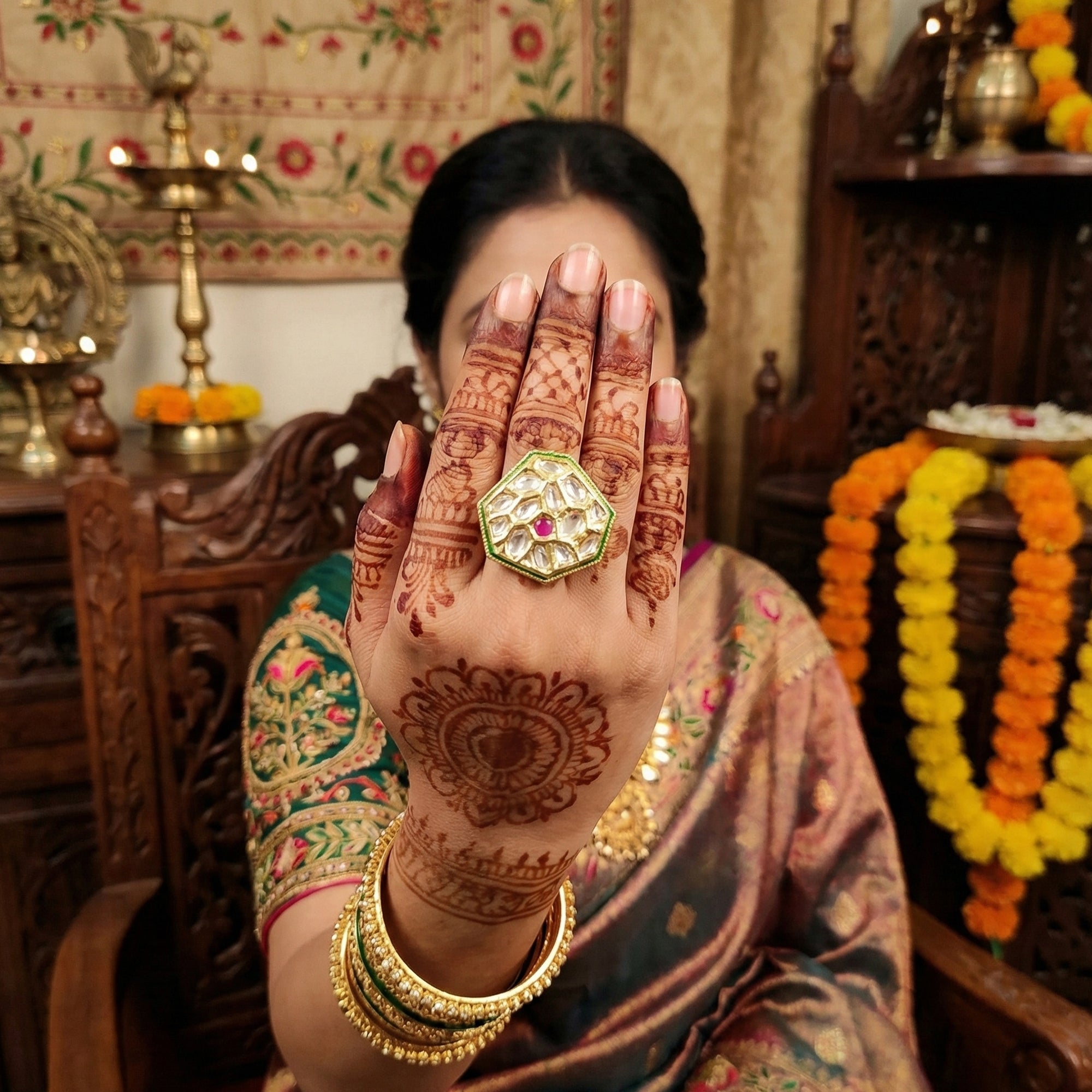 Js Fashion Heritage High Gold Kundan Stone And Meenakari Ring