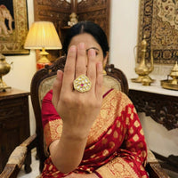 Js Fashion Heritage High Gold Kundan Stone And Meenakari Ring