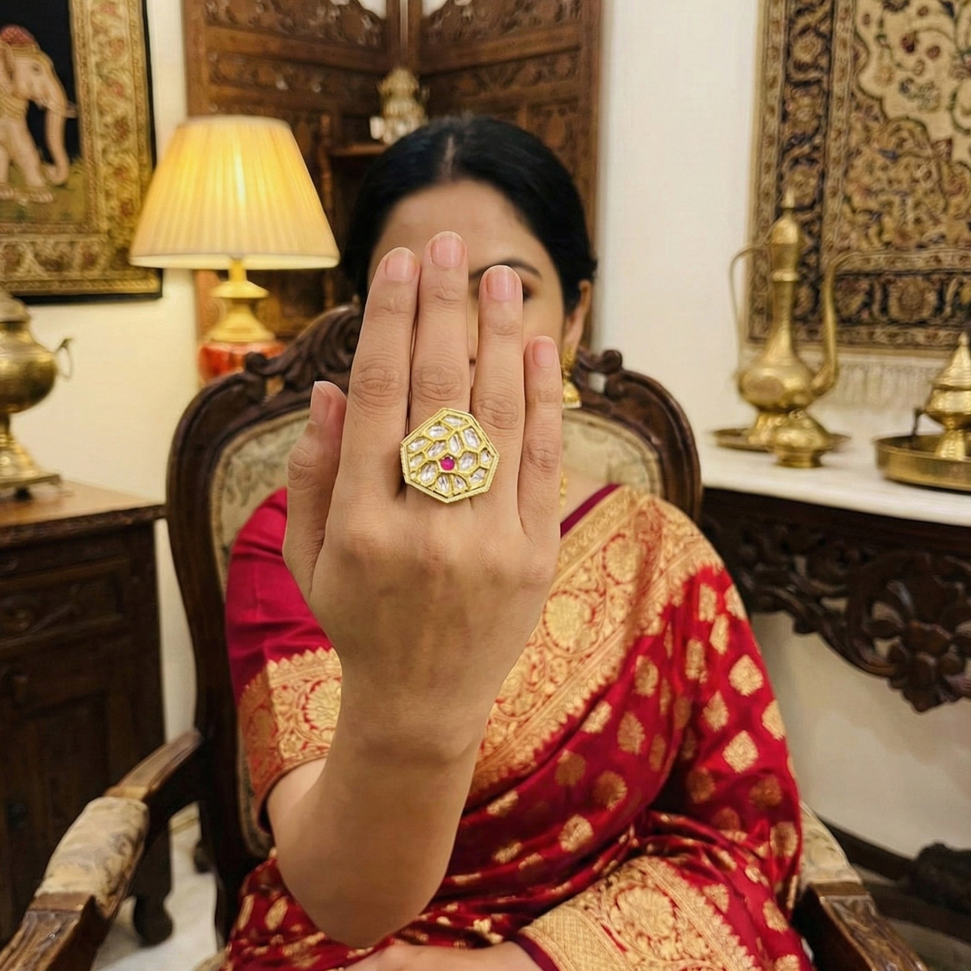 Js Fashion Heritage High Gold Kundan Stone And Meenakari Ring