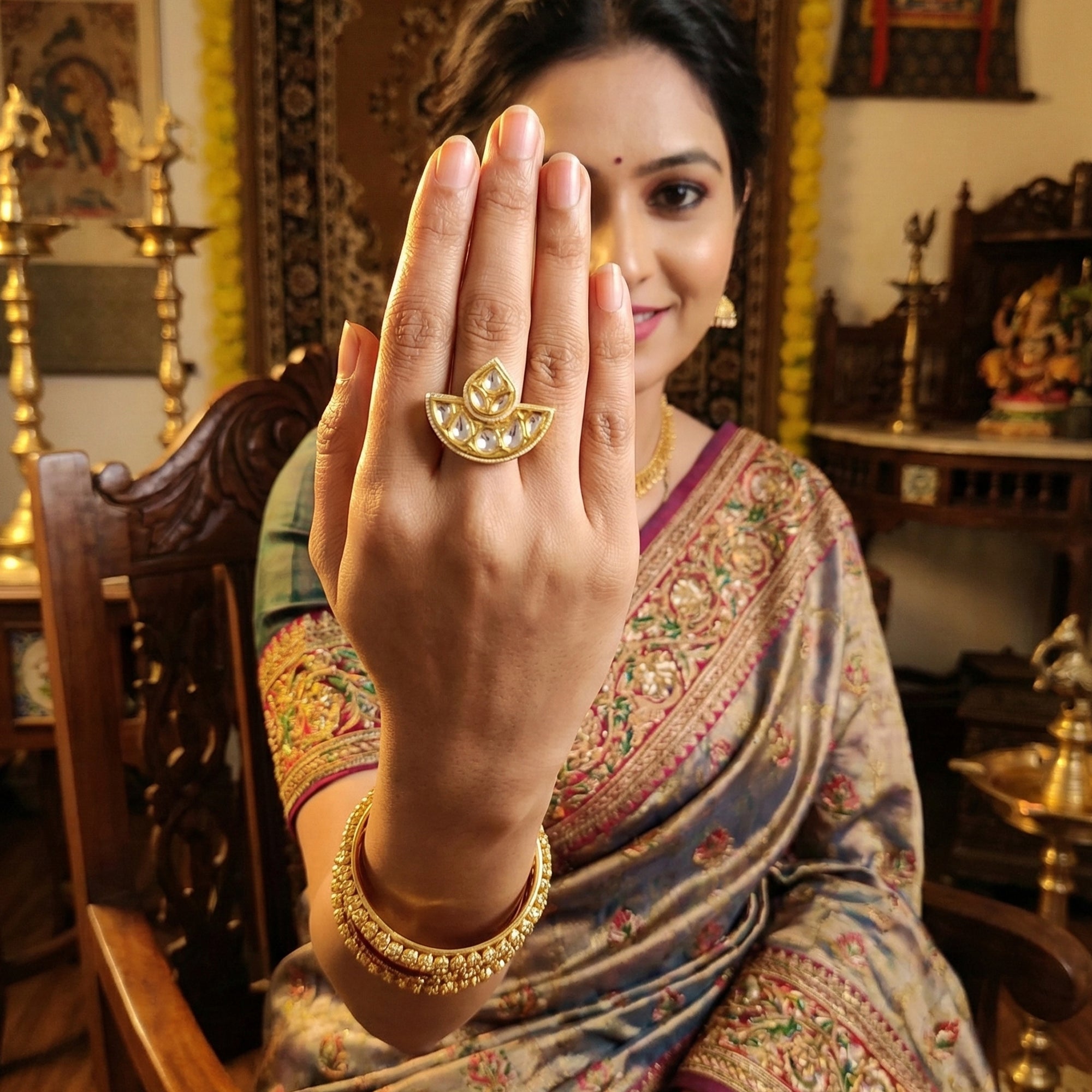 Js Fashion Heritage High Gold Kundan Stone And Meenakari Ring