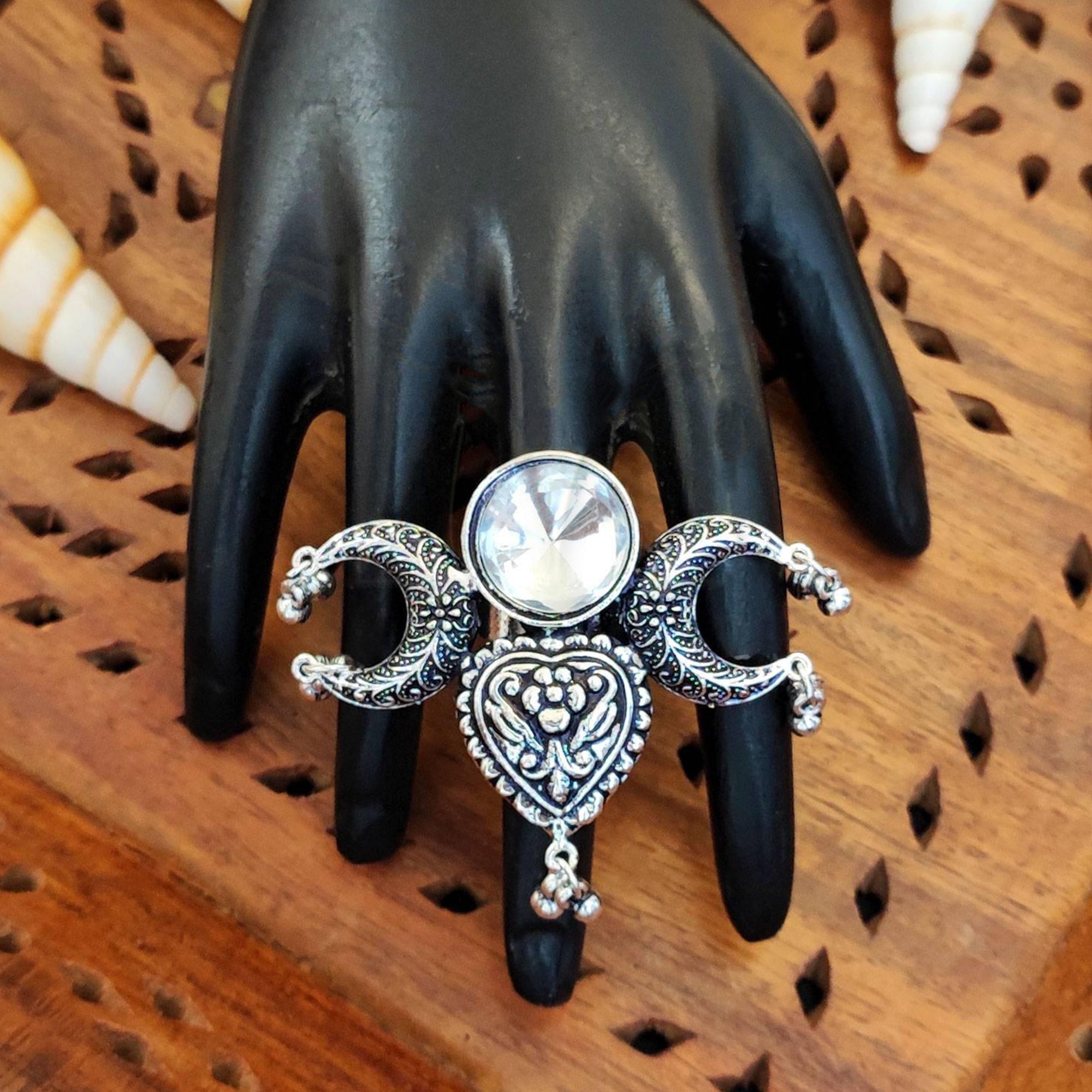 Js Fashion Vintage Look Oxidised Kundan Stone Pearl Ring