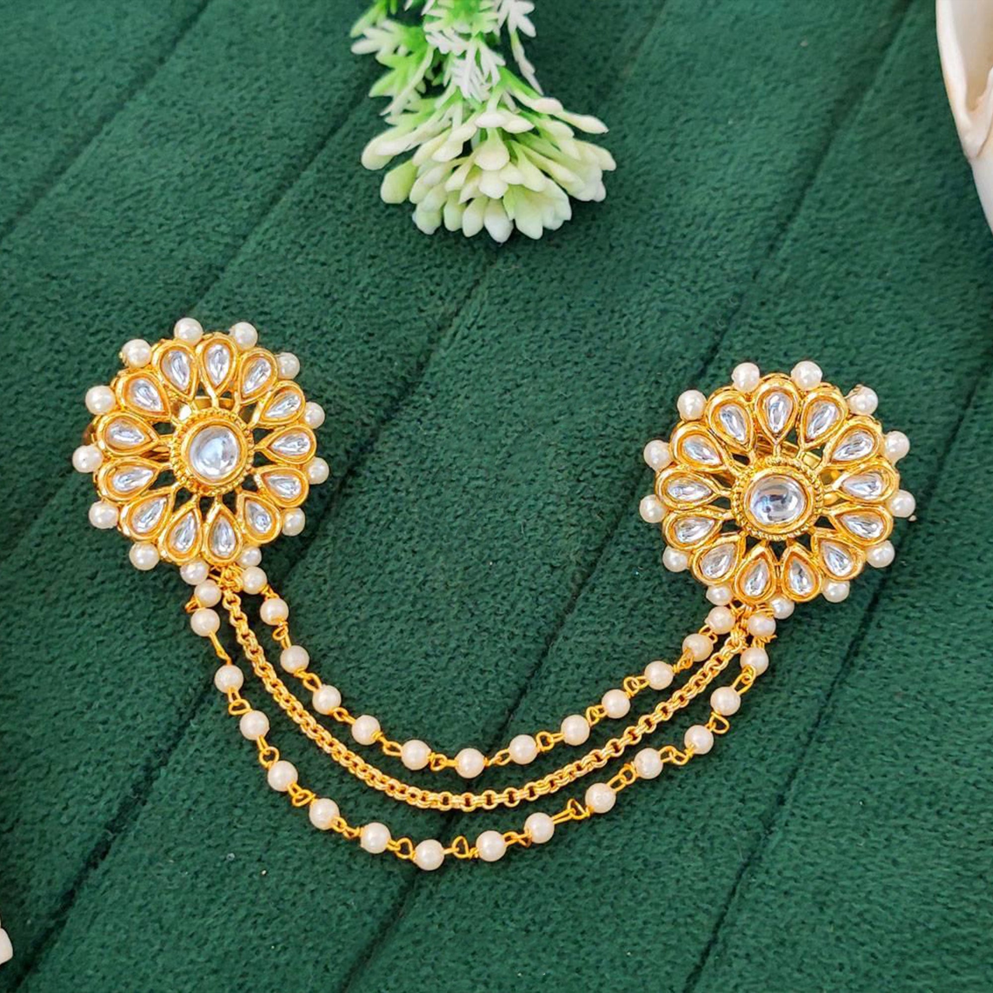 Js Fashion High Gold Royal Kundan Stone And Pearl Double Finger Ring