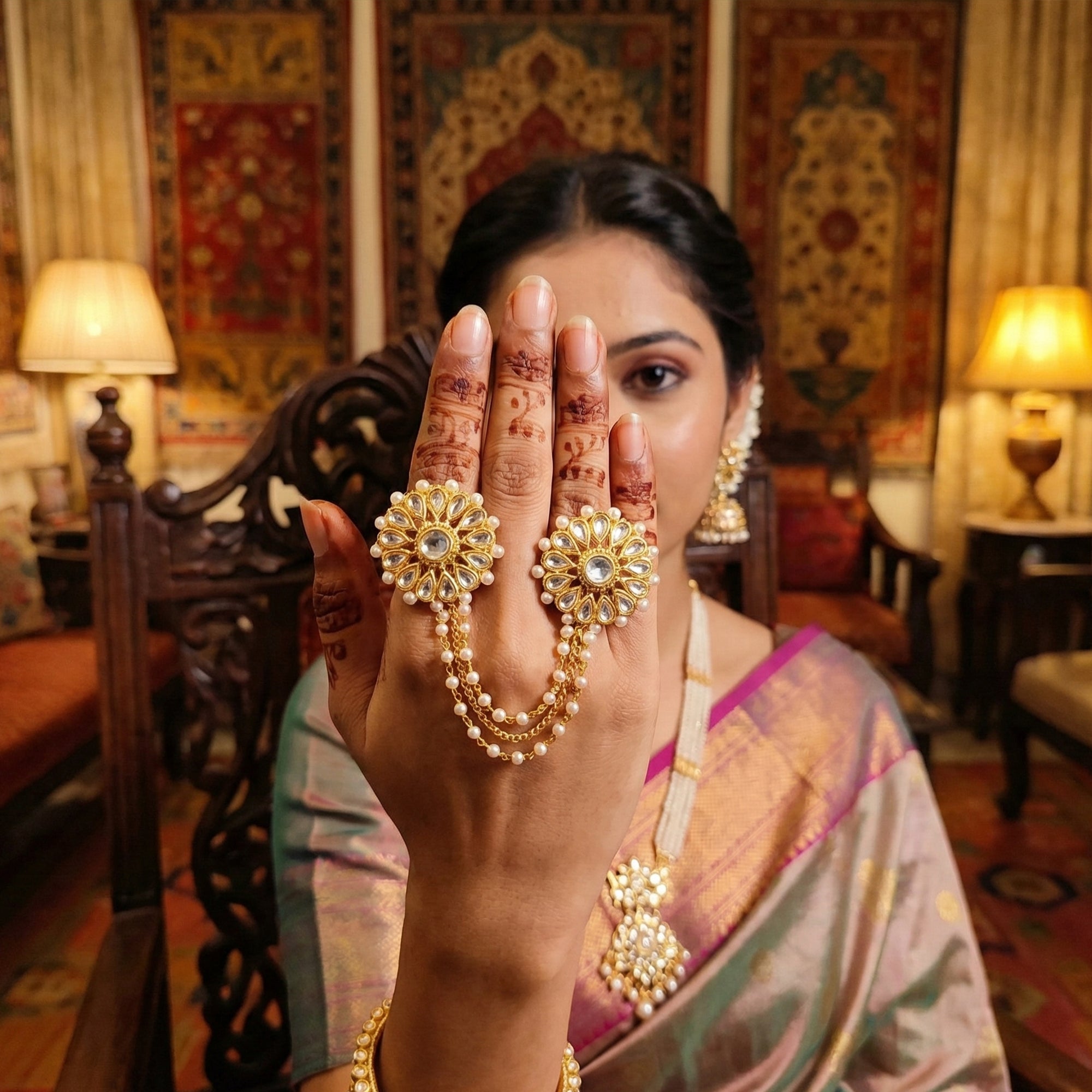 Js Fashion High Gold Royal Kundan Stone And Pearl Double Finger Ring