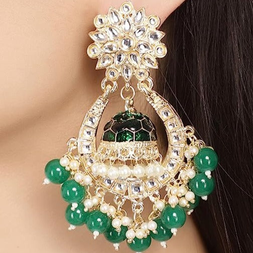 Subhag Alankar Green Attractive Brass pearl bead stone jhumki earrings for women and girls