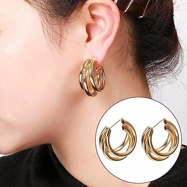 Subhag Alankar Gold Tripple Hoop Earring For Girls and Women.