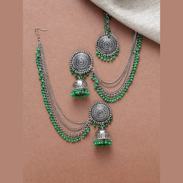 Subhag Alankar Green Beautiful Kashmiri Tribe Style Jhumka Earrings With Mangtika Bahubali Alloy Jhumki Earring, Earring Set
