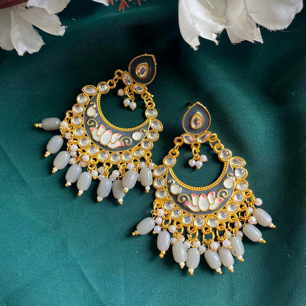 Subhag Alankar Grey & Gold Plated Grey Meenakari kundan Alloy Chandbali Earrings
