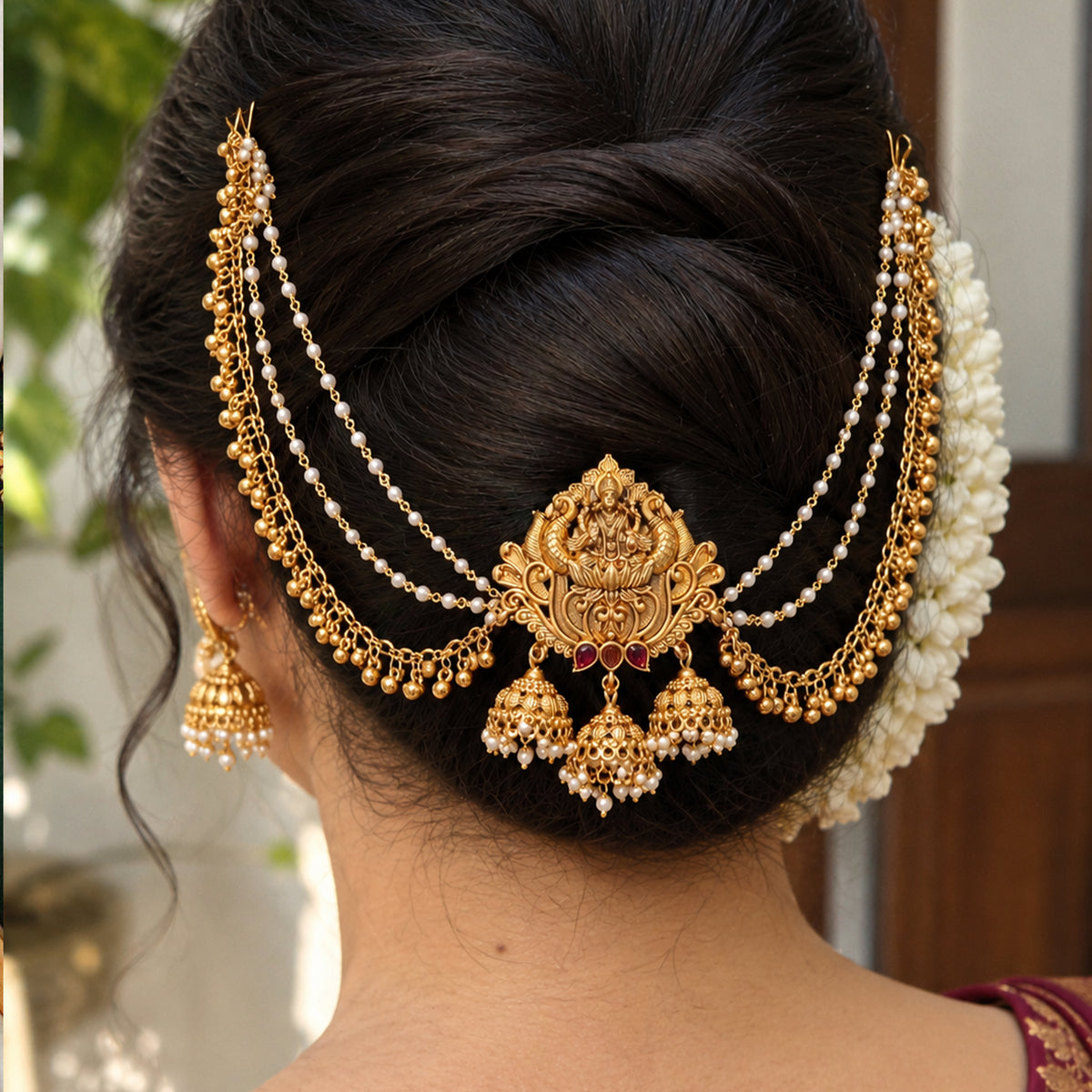 Js Fashion  Designer God Laxmi design Pearl jhumka Temple Juda Hair Accessory