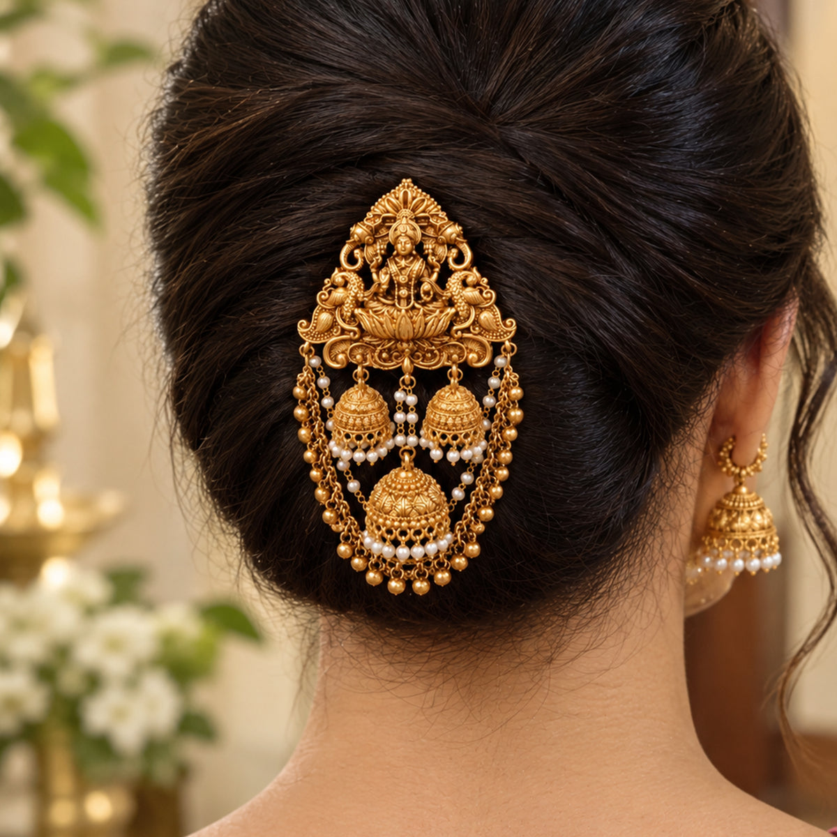 Js Fashion  Designer God Laxmi design Pearl jhumka Temple Juda Hair Accessory