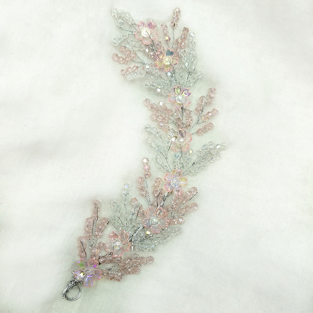 Js Fashion Pack Of 1 Elegant Crystal Floral Hair Vine pin – Handmade Wedding Tiara pin, Bridal Hair Accessory for Women & Girls Silver Pink Beaded Headpiece, Party & Ethnic
