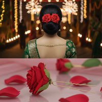 Js Fashion (2 Pcs) Red Rose Hair Accessories for Women & Girls – Stylish Artificial Flower Juda Pins & Clips for Bun, Braid, Wedding & Party Hairstyle – Elegant Bridal Hair Brooch Decoration