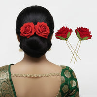 Js Fashion (2 Pcs) Red Rose Hair Accessories for Women & Girls – Stylish Artificial Flower Juda Pins & Clips for Bun, Braid, Wedding & Party Hairstyle – Elegant Bridal Hair Brooch Decoration