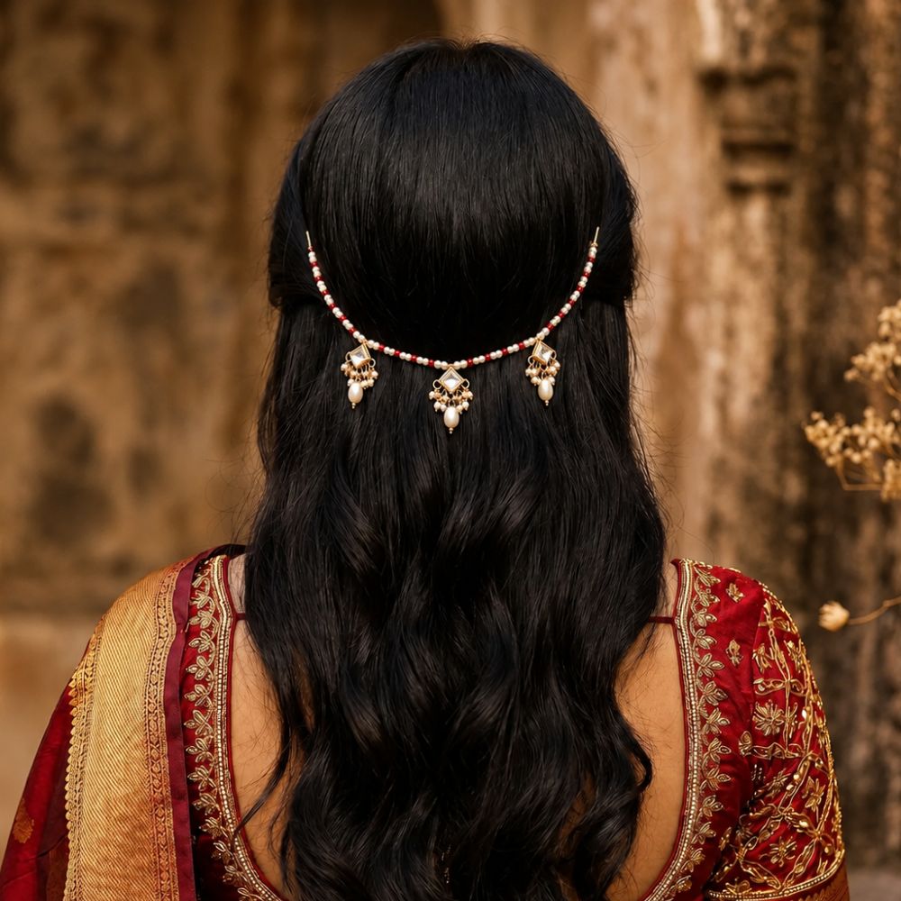 EtnicoTraditional Pearl Beaded Kundan Style Hair Chain for Women (HC05R)