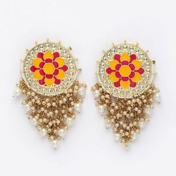 House Of Ree Mandala Pattern Floral Pink and Yellow Meenakari Drop Earrings for Womens | Women | Girls ER107