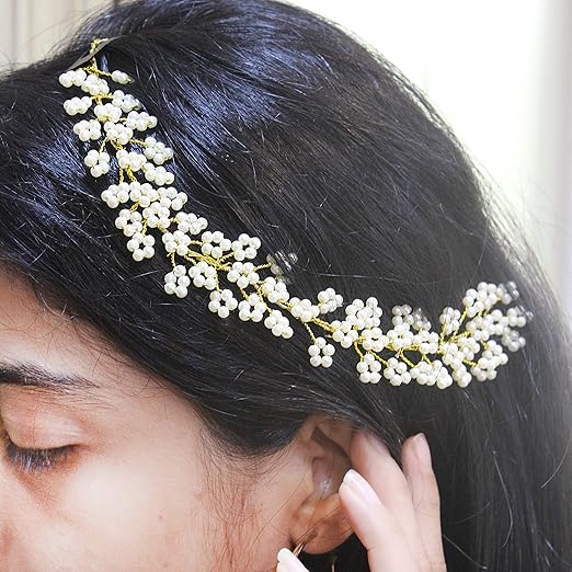 HP HIGH PROFILE Gold and White Floral Pearl Hair Accessories Bridal Wedding Headband, Hair Vine and Headpiece Floral Hair Accessories Wedding jewellery For Girls and Women - 1 Pc