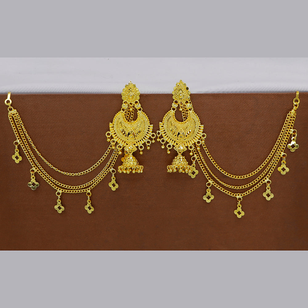 Mahavir  Gold Plated Jhumki Earrings With Kan Chain