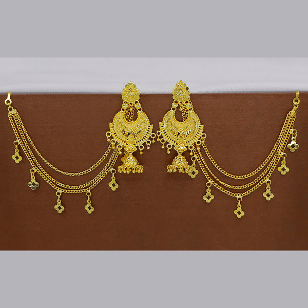 Mahavir  Gold Plated Jhumki Earrings With Kan Chain