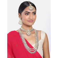 Etnico Traditional 18K Gold Plated Kundan & Pearl Studded Bridal Choker Necklace Jewellery Set With Earrings & Maang Tikka for Women(IJ325Gr)