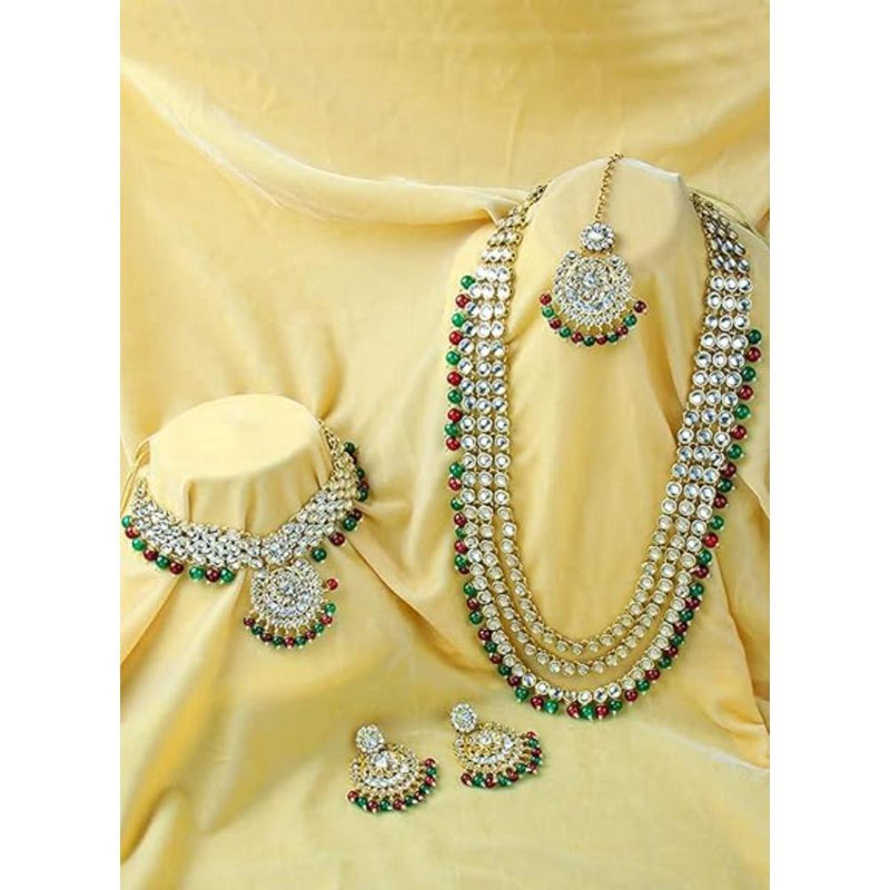 Etnico Traditional 18K Gold Plated Kundan & Pearl Studded Bridal Choker Necklace Jewellery Set With Earrings & Maang Tikka for Women(IJ325MG)