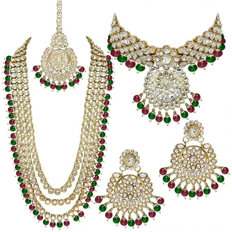 Etnico Traditional 18K Gold Plated Kundan & Pearl Studded Bridal Choker Necklace Jewellery Set With Earrings & Maang Tikka for Women(IJ325MG)