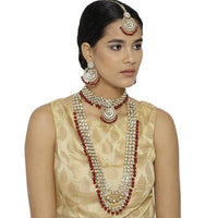 Etnico Traditional 18K Gold Plated Kundan & Pearl Studded Bridal Choker Necklace Jewellery Set With Earrings & Maang Tikka for Women(IJ325M)