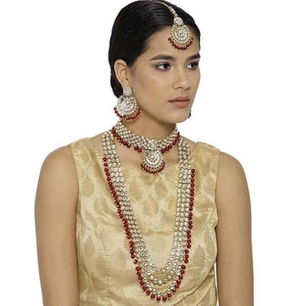 Etnico Traditional 18K Gold Plated Kundan & Pearl Studded Bridal Choker Necklace Jewellery Set With Earrings & Maang Tikka for Women(IJ325M)