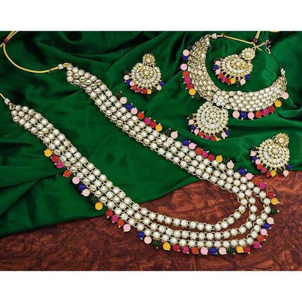 Etnico Traditional 18K Gold Plated Kundan & Pearl Studded Bridal Choker Necklace Jewellery Set With Earrings & Maang Tikka for Women(IJ325Mul)