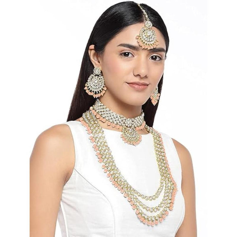 Etnico Traditional 18K Gold Plated Kundan & Pearl Studded Bridal Choker Necklace Jewellery Set With Earrings & Maang Tikka for Women(IJ325Pe)