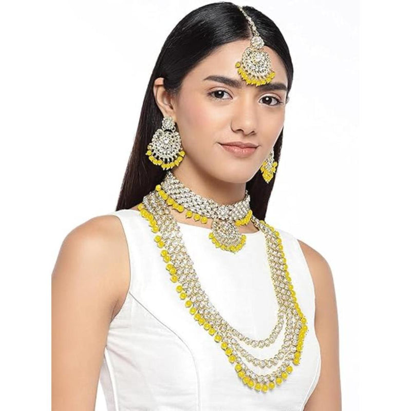 Etnico Traditional 18K Gold Plated Kundan & Pearl Studded Bridal Choker Necklace Jewellery Set With Earrings & Maang Tikka for Women(IJ325Y)