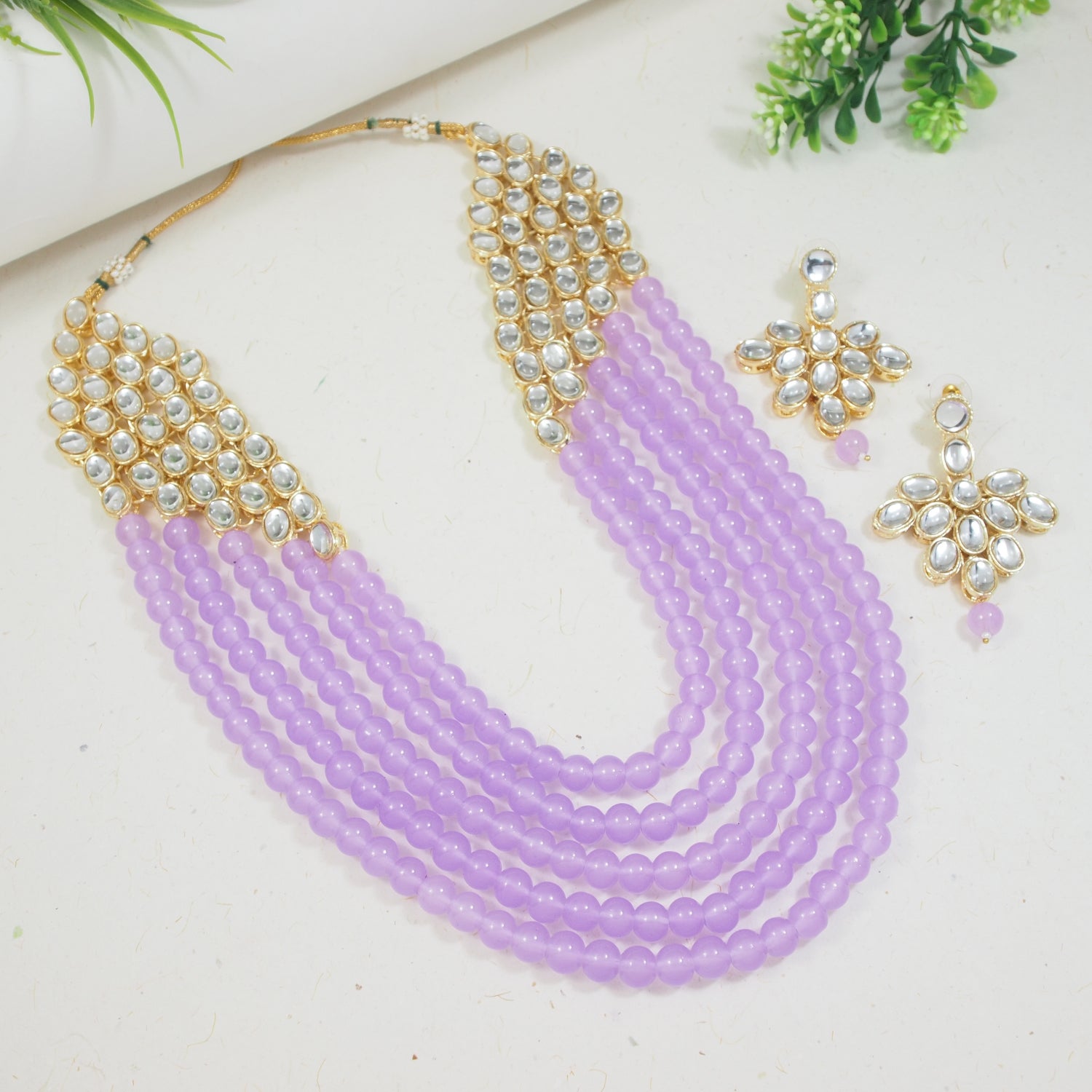 Etnico Rhodium Plated 5 Layer Faux Mother-of-pearl and Kundan Rani Haar Necklace Jewellery Set with Earrings for Women (IJ350Z) (Purple)