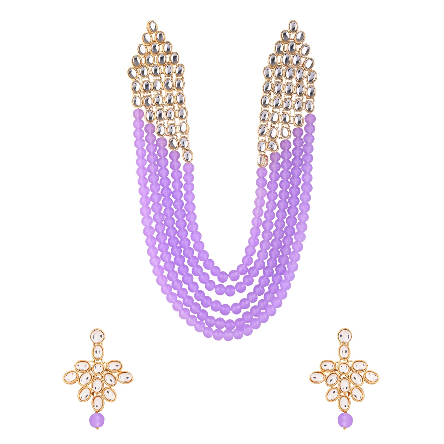 Etnico Rhodium Plated 5 Layer Faux Mother-of-pearl and Kundan Rani Haar Necklace Jewellery Set with Earrings for Women (IJ350Z) (Purple)