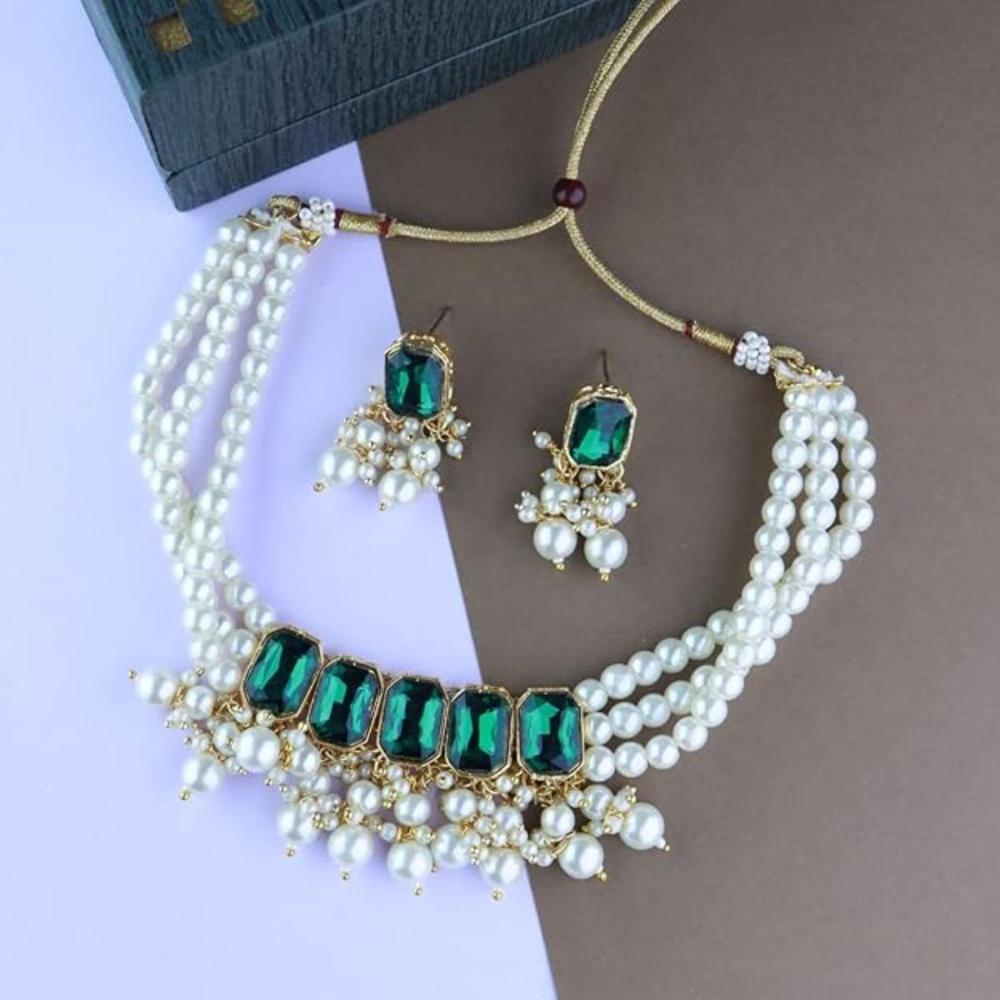 Etnico Gold Plated Traditional Green Stone Studded Multi Layered White Pearl Choker Necklace Jewellery Set with Earrings for Women And Girls (IJ355G)