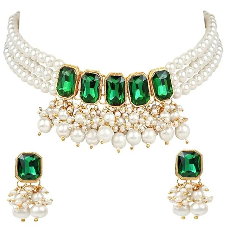 Etnico Gold Plated Traditional Green Stone Studded Multi Layered White Pearl Choker Necklace Jewellery Set with Earrings for Women And Girls (IJ355G)