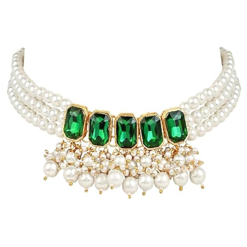 Etnico Gold Plated Traditional Green Stone Studded Multi Layered White Pearl Choker Necklace Jewellery Set with Earrings for Women And Girls (IJ355G)