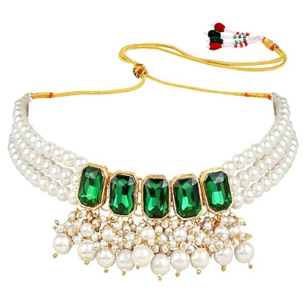 Etnico Gold Plated Traditional Green Stone Studded Multi Layered White Pearl Choker Necklace Jewellery Set with Earrings for Women And Girls (IJ355G)