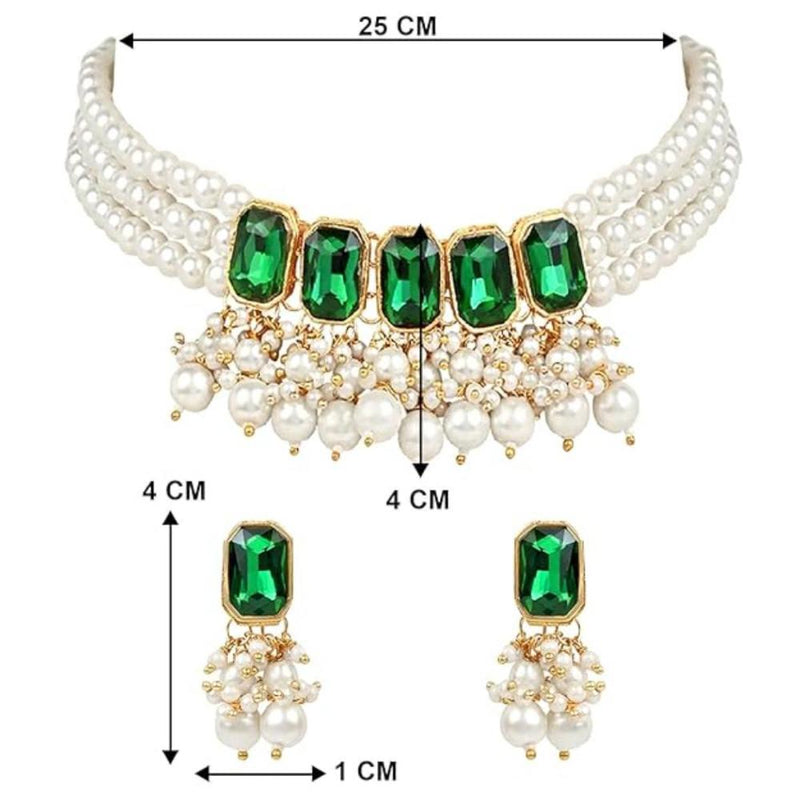 Etnico Gold Plated Traditional Green Stone Studded Multi Layered White Pearl Choker Necklace Jewellery Set with Earrings for Women And Girls (IJ355G)