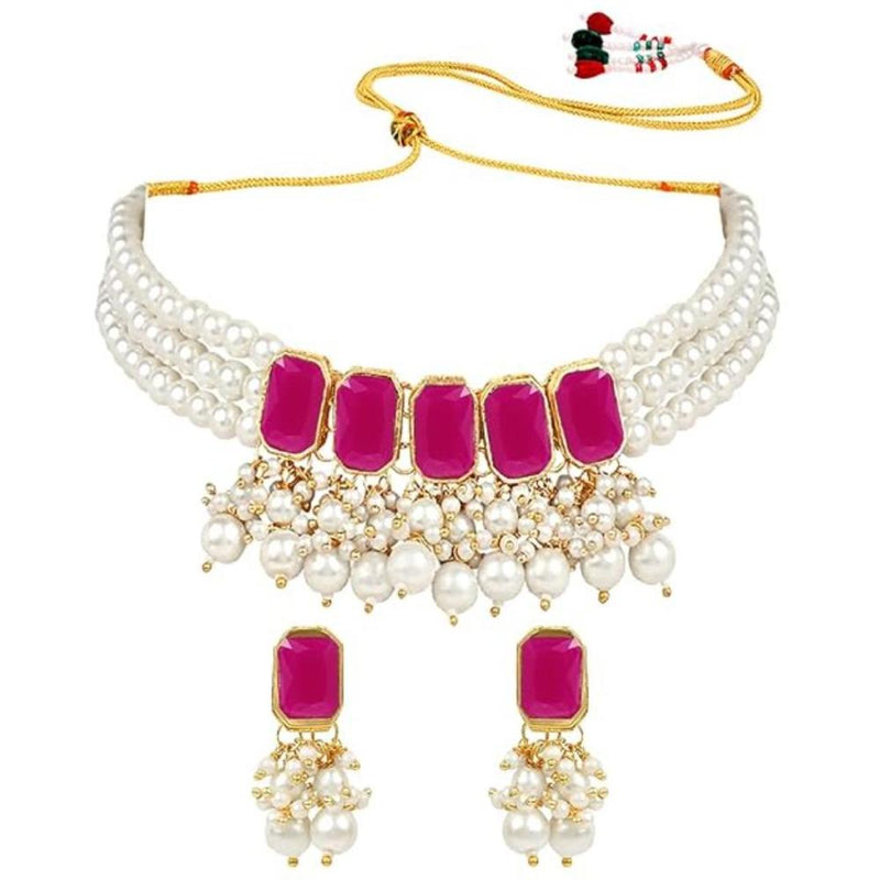 Etnico Gold Plated Traditional Stone Studded Multi Layered White Pearl Choker Necklace Jewellery Set with Earrings for Women And Girls (IJ355Q)