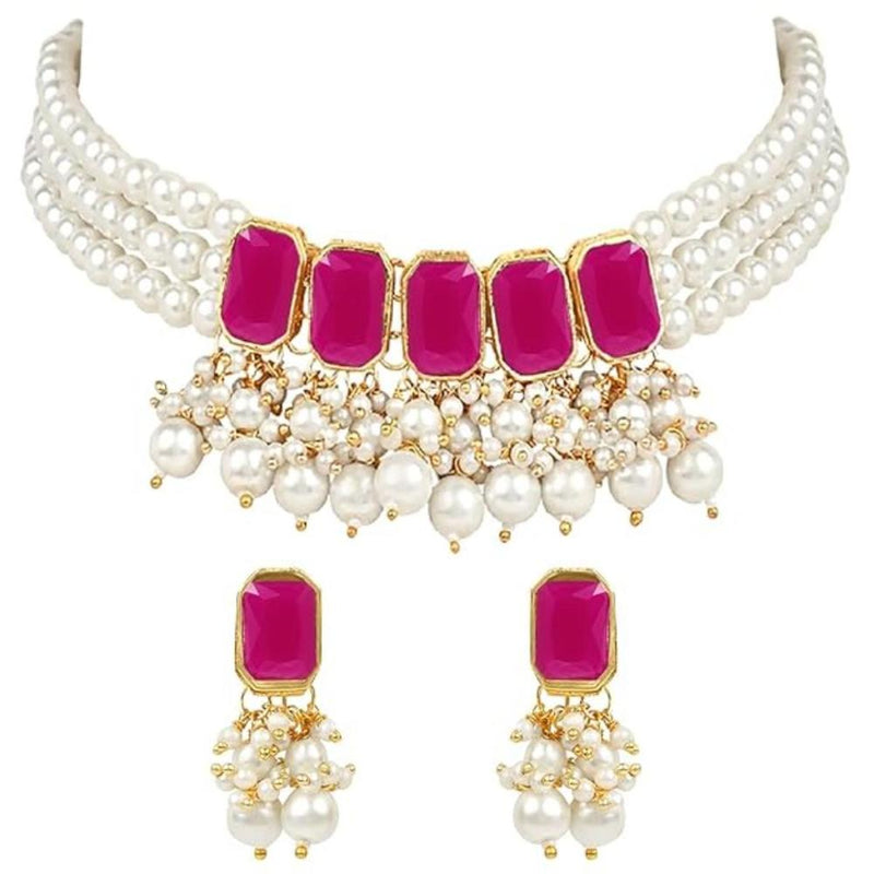 Etnico Gold Plated Traditional Stone Studded Multi Layered White Pearl Choker Necklace Jewellery Set with Earrings for Women And Girls (IJ355Q)