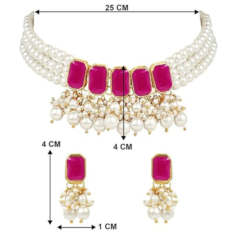 Etnico Gold Plated Traditional Stone Studded Multi Layered White Pearl Choker Necklace Jewellery Set with Earrings for Women And Girls (IJ355Q)