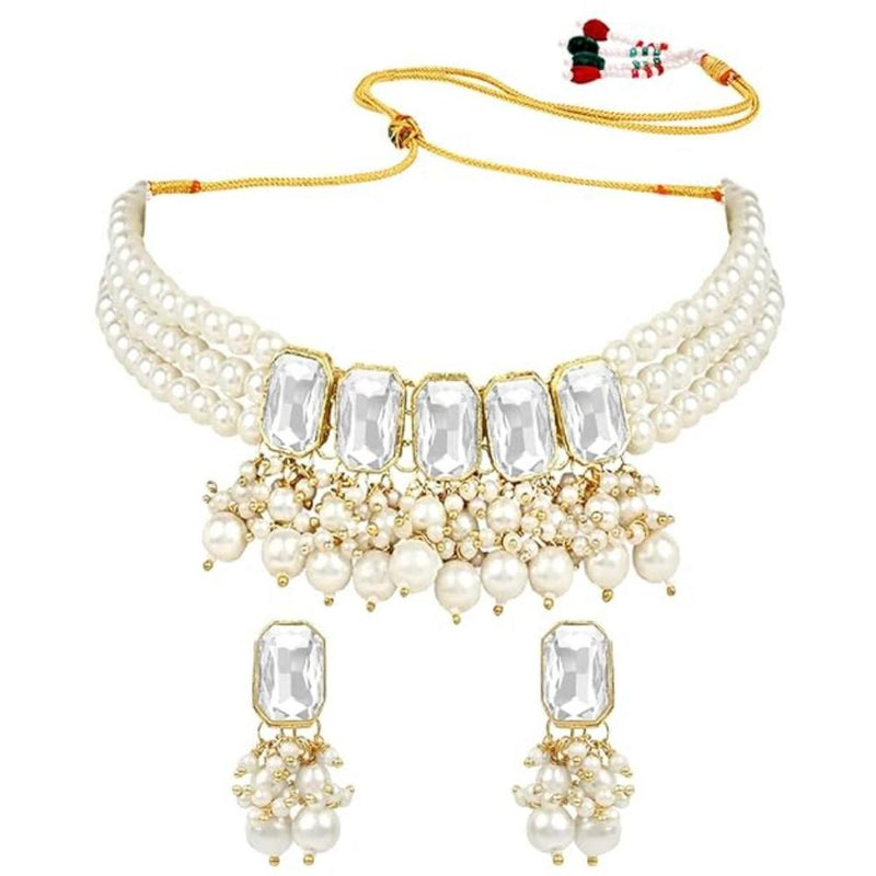 Etnico Gold Plated Traditional White Stone Studded Multi Layered White Pearl Choker Necklace Jewellery Set with Earrings for Women And Girls (IJ355W)