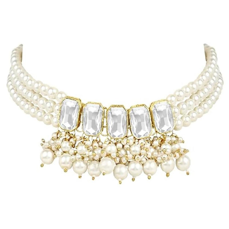 Etnico Gold Plated Traditional White Stone Studded Multi Layered White Pearl Choker Necklace Jewellery Set with Earrings for Women And Girls (IJ355W)