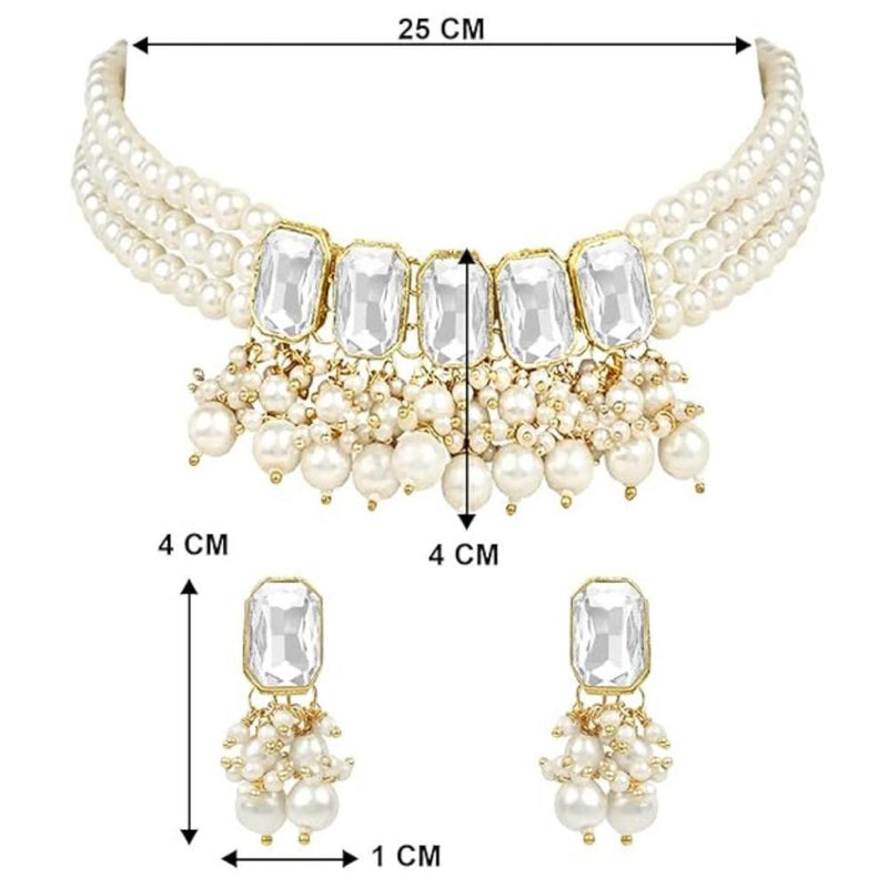 Etnico Gold Plated Traditional White Stone Studded Multi Layered White Pearl Choker Necklace Jewellery Set with Earrings for Women And Girls (IJ355W)