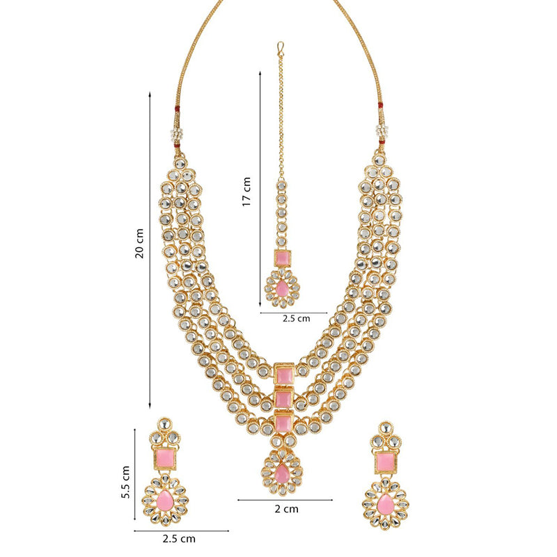 Etnico Gold Plated Traditional Kundan Necklace Jewellery Set with Earrings & Maang Tikka for Women (IJ357Pi)