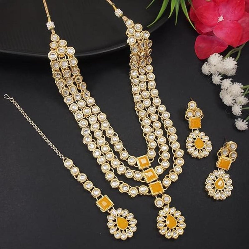 Etnico 18K Gold Plated Traditional Kundan Necklace Jewellery Set with Earrings & Maang Tikka for Women And Girls (IJ357Y)