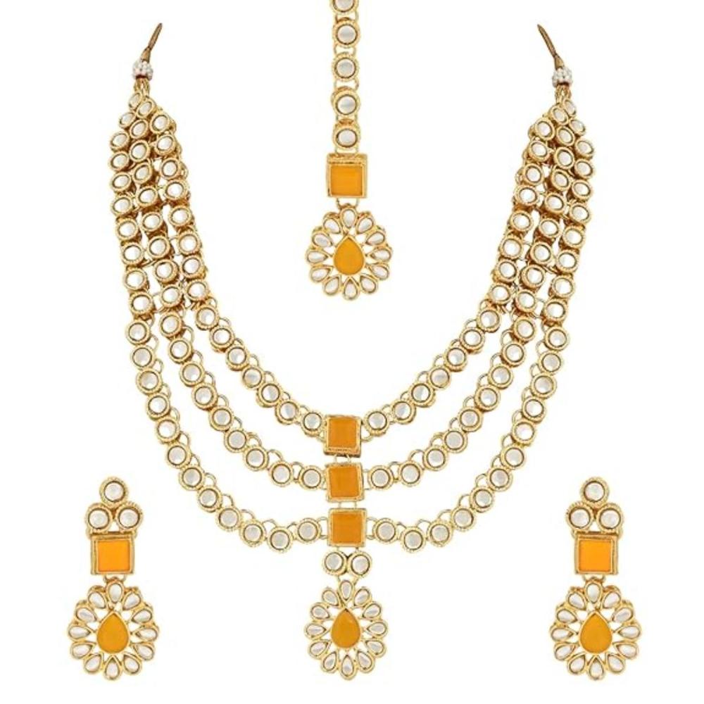 Etnico 18K Gold Plated Traditional Kundan Necklace Jewellery Set with Earrings & Maang Tikka for Women And Girls (IJ357Y)